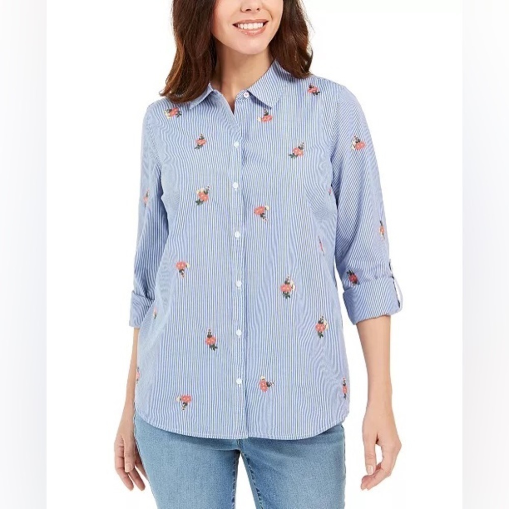 Charter Club Petite Medium Button Down Stripes Embroidered Floral Shirt ADORABLE